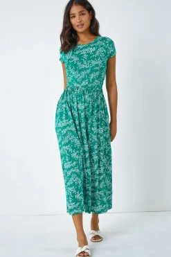 Roman Green Ditsy Gathered Skirt Stretch Midi Dress