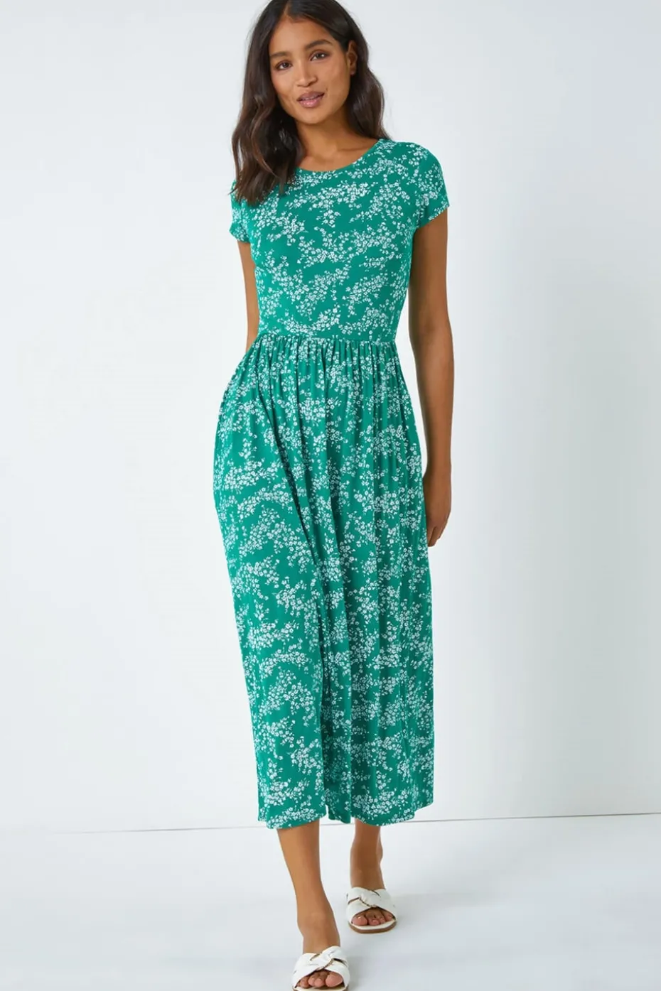 Roman Green Ditsy Gathered Skirt Stretch Midi Dress