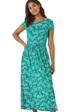 Roman Green Ditsy Gathered Skirt Stretch Midi Dress
