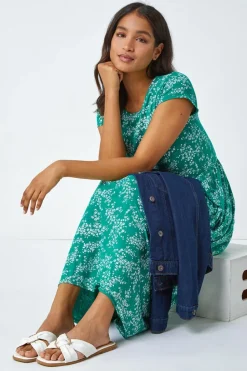 Roman Green Ditsy Gathered Skirt Stretch Midi Dress