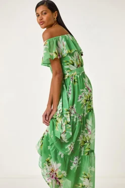 Roman Green Floral Bardot Belted Maxi Dress