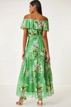 Roman Green Floral Bardot Belted Maxi Dress