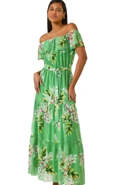 Roman Green Floral Bardot Belted Maxi Dress