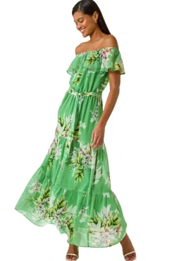 Roman Green Floral Bardot Belted Maxi Dress