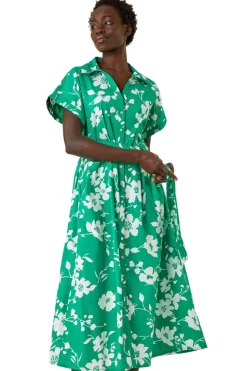 Roman Green Floral Cotton Poplin Shirt Dress