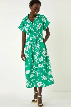 Roman Green Floral Cotton Poplin Shirt Dress