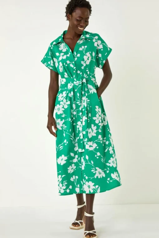 Roman Green Floral Cotton Poplin Shirt Dress