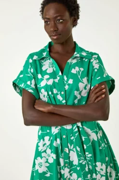 Roman Green Floral Cotton Poplin Shirt Dress