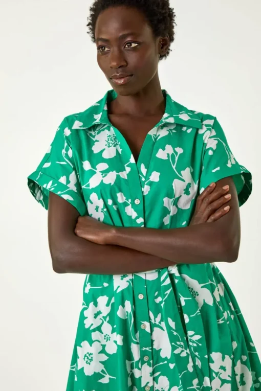 Roman Green Floral Cotton Poplin Shirt Dress