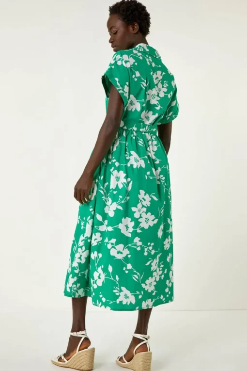 Roman Green Floral Cotton Poplin Shirt Dress