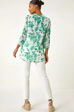 Roman Green Floral Print V Neck Button Front Top