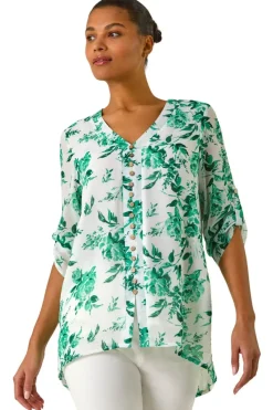 Roman Green Floral Print V Neck Button Front Top