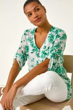 Roman Green Floral Print V Neck Button Front Top