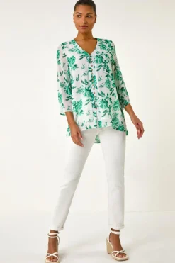 Roman Green Floral Print V Neck Button Front Top