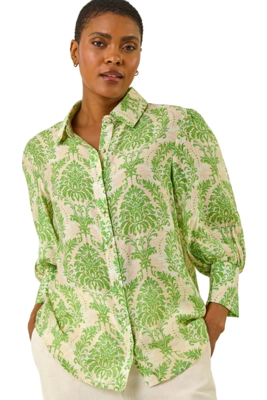 Roman Green Floral Print Collared Shirt
