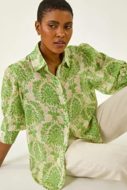 Roman Green Floral Print Collared Shirt