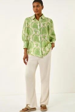 Roman Green Floral Print Collared Shirt
