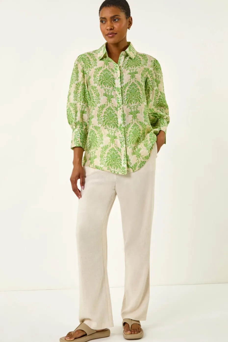 Roman Green Floral Print Collared Shirt