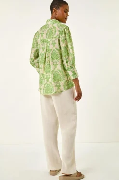 Roman Green Floral Print Collared Shirt