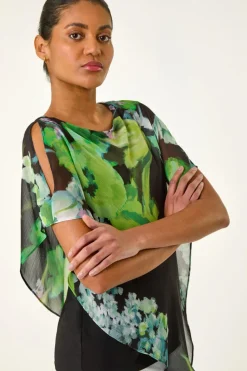 Roman Green Floral Print Asymmetric Overlay Top