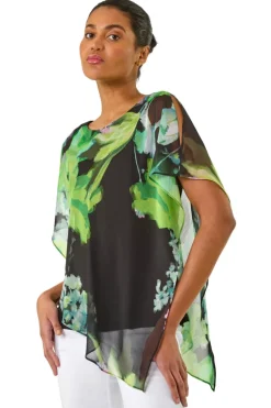 Roman Green Floral Print Asymmetric Overlay Top