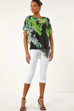Roman Green Floral Print Asymmetric Overlay Top