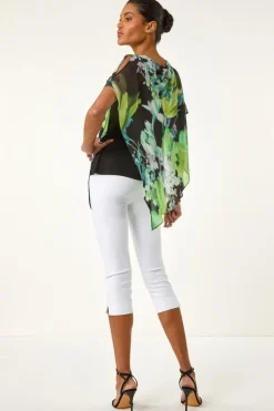 Roman Green Floral Print Asymmetric Overlay Top