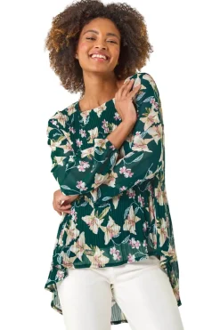 Roman Green Floral Print Pleated Tunic Top