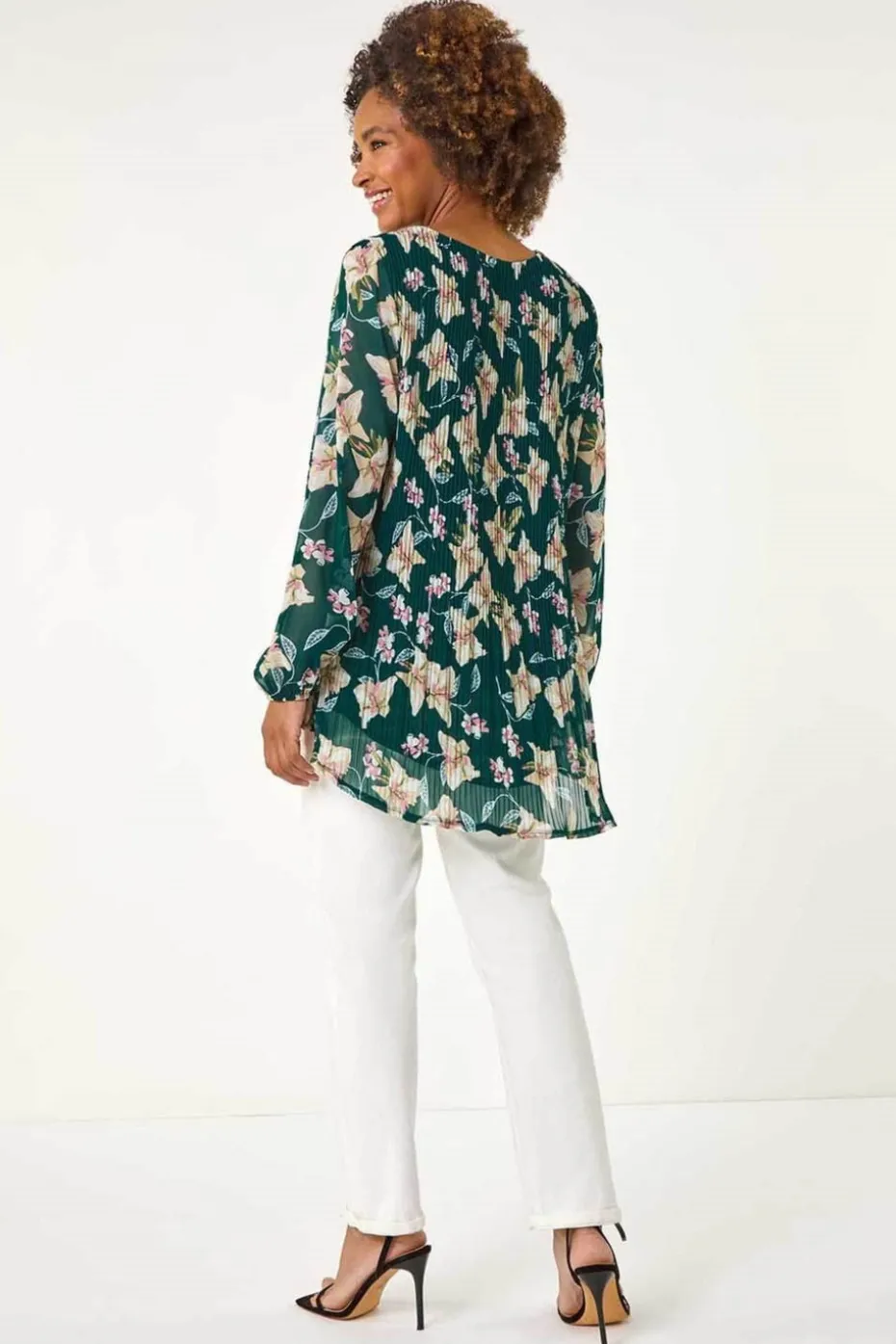 Roman Green Floral Print Pleated Tunic Top