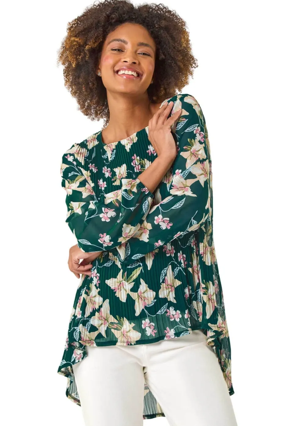 Roman Green Floral Print Pleated Tunic Top