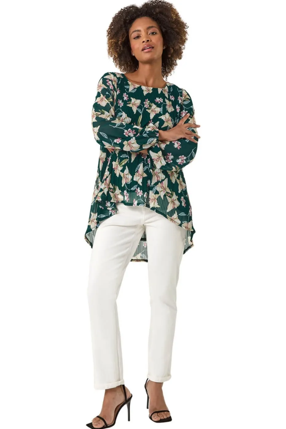 Roman Green Floral Print Pleated Tunic Top