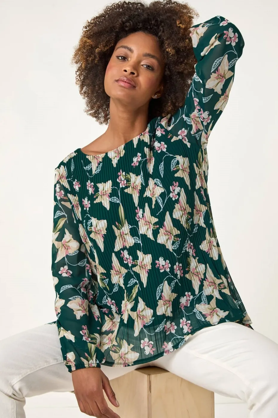 Roman Green Floral Print Pleated Tunic Top
