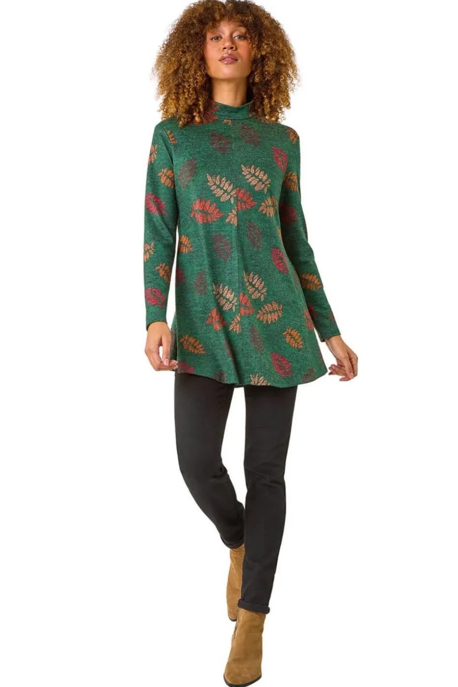 Roman Green Floral Print High Neck Stretch Tunic Top