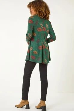 Roman Green Floral Print High Neck Stretch Tunic Top