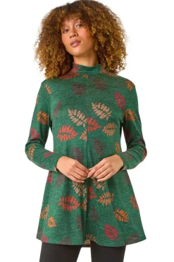 Roman Green Floral Print High Neck Stretch Tunic Top