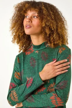 Roman Green Floral Print High Neck Stretch Tunic Top