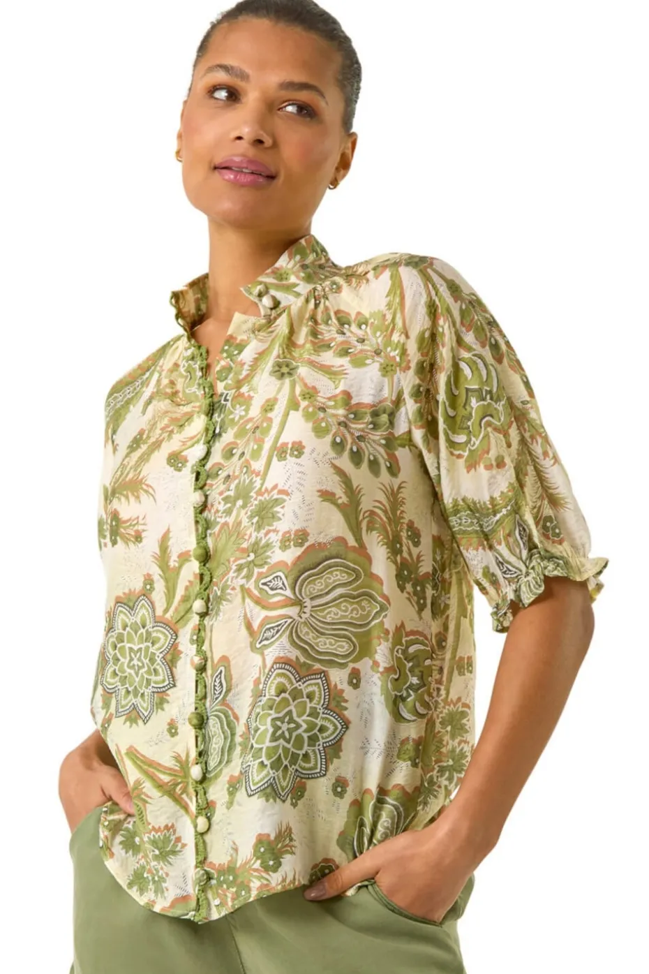 Roman Green Floral Print Trim Detail Blouse