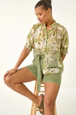 Roman Green Floral Print Trim Detail Blouse