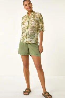 Roman Green Floral Print Trim Detail Blouse