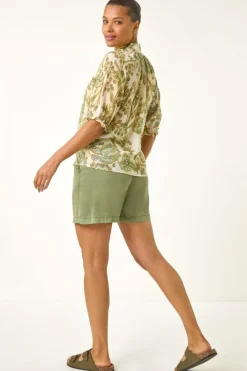 Roman Green Floral Print Trim Detail Blouse