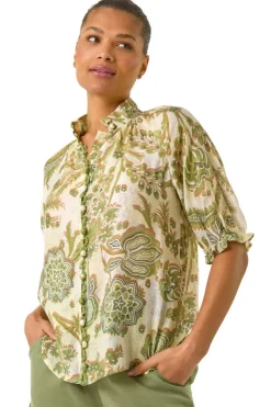 Roman Green Floral Print Trim Detail Blouse