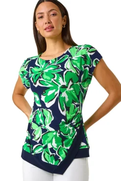Roman Green Floral Print Asymmetric Hem Top