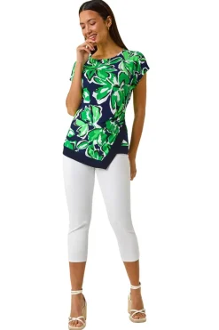 Roman Green Floral Print Asymmetric Hem Top