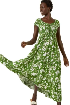 Roman Green Floral Print Tiered Maxi Dress