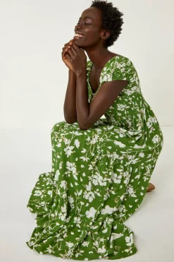 Roman Green Floral Print Tiered Maxi Dress