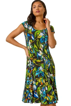 Roman Green Floral Print Panel Detail Stretch Dress