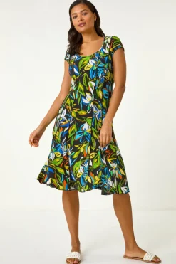 Roman Green Floral Print Panel Detail Stretch Dress
