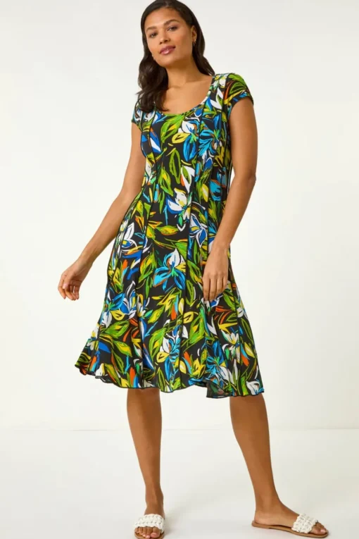 Roman Green Floral Print Panel Detail Stretch Dress