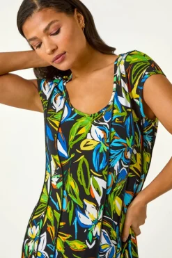 Roman Green Floral Print Panel Detail Stretch Dress