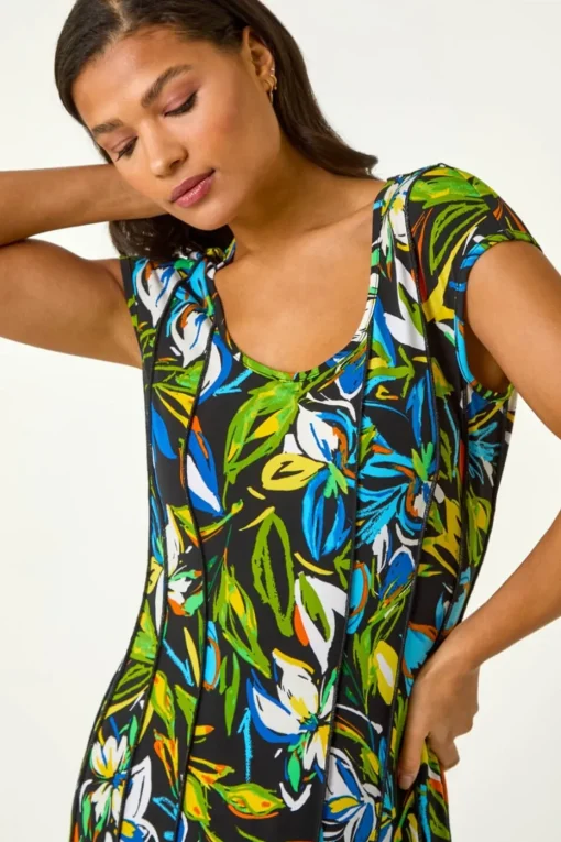 Roman Green Floral Print Panel Detail Stretch Dress